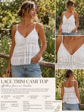 Romantic Lace Cami Top | White Boho Tiered Tank | Feminine Summer Blouse (M)